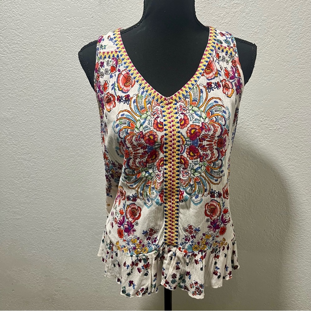 Bila Floral Print Embroidered Sleeveless Ruffle Hem Top